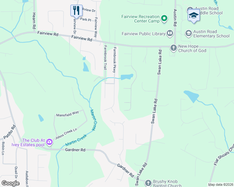 map of restaurants, bars, coffee shops, grocery stores, and more near 225 Farmbrook Parkway in Stockbridge