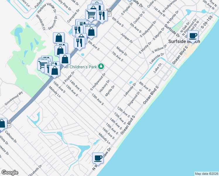 map of restaurants, bars, coffee shops, grocery stores, and more near 1016 South Myrtle Drive in Surfside Beach