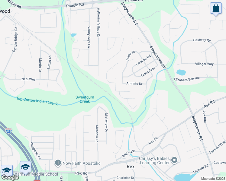 map of restaurants, bars, coffee shops, grocery stores, and more near 5609 Washakie Pointe in Ellenwood