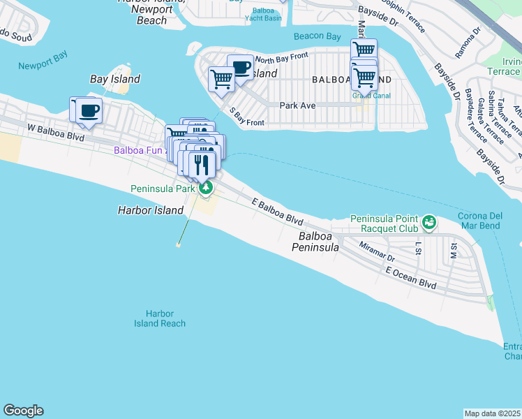 map of restaurants, bars, coffee shops, grocery stores, and more near 1025 East Balboa Boulevard in Newport Beach