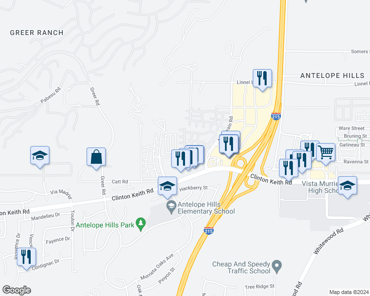 map of restaurants, bars, coffee shops, grocery stores, and more near 27441 Sierra Lane in Murrieta