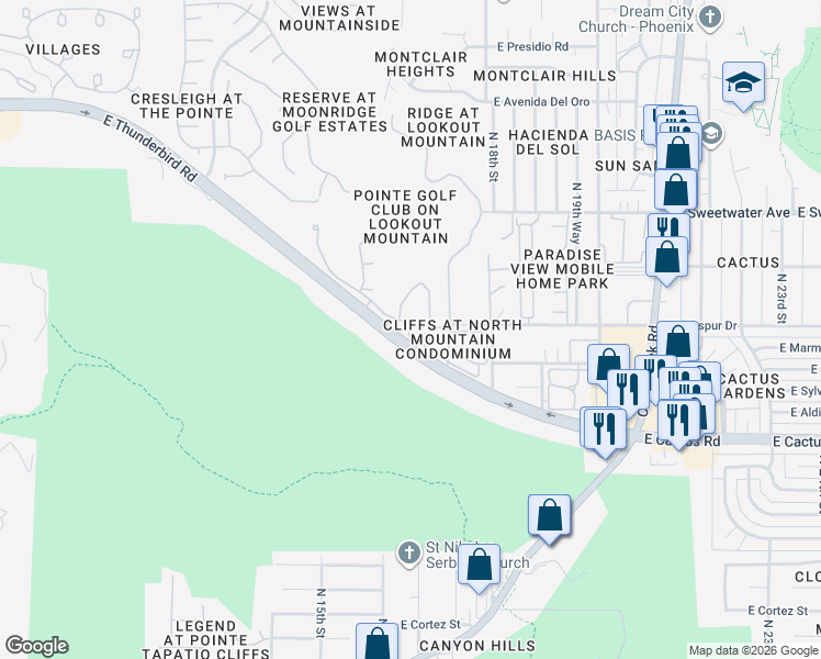 map of restaurants, bars, coffee shops, grocery stores, and more near 1550 East Thunderbird Road in Phoenix