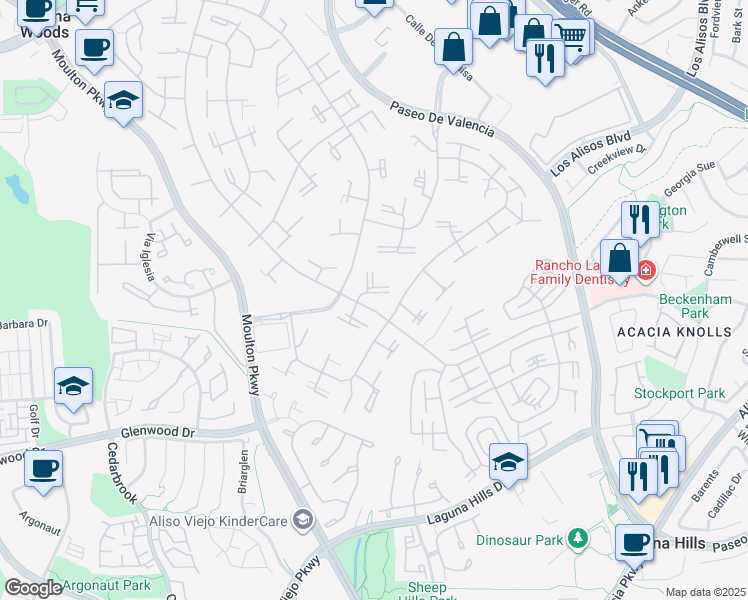 map of restaurants, bars, coffee shops, grocery stores, and more near 572 Avenida Sevilla in Laguna Woods