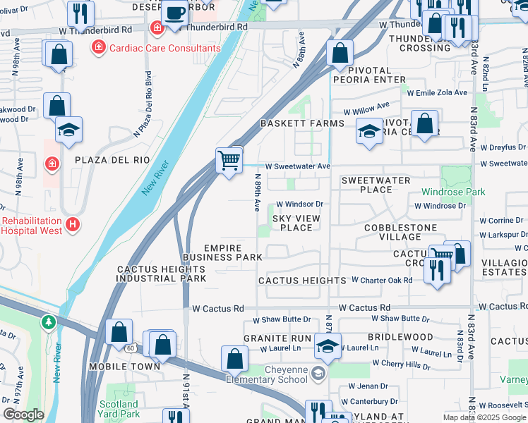 map of restaurants, bars, coffee shops, grocery stores, and more near 8960 West Larkspur Drive in Peoria