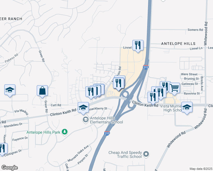 map of restaurants, bars, coffee shops, grocery stores, and more near 27571 Darrington Avenue in Murrieta