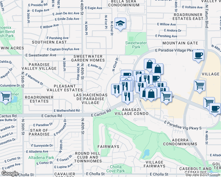 map of restaurants, bars, coffee shops, grocery stores, and more near 4202 East Cactus Road in Phoenix