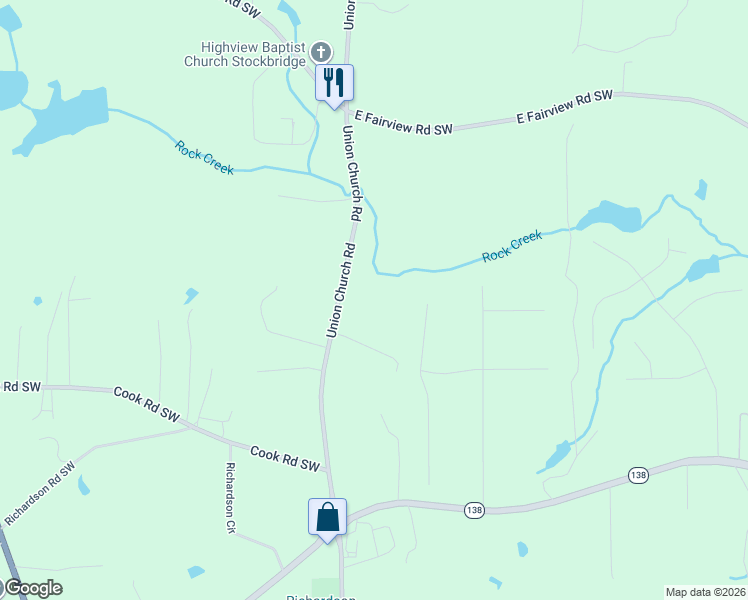 map of restaurants, bars, coffee shops, grocery stores, and more near 3300 Union Church Road in Stockbridge