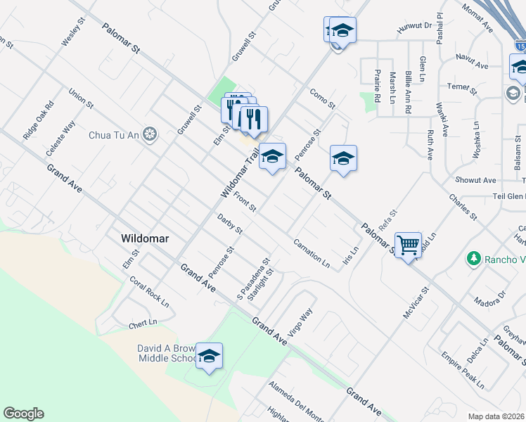 map of restaurants, bars, coffee shops, grocery stores, and more near 21660 Front Street in Wildomar
