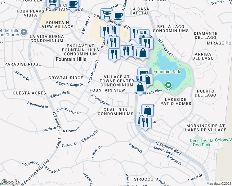 map of restaurants, bars, coffee shops, grocery stores, and more near 16820 East El Lago Boulevard in Fountain Hills