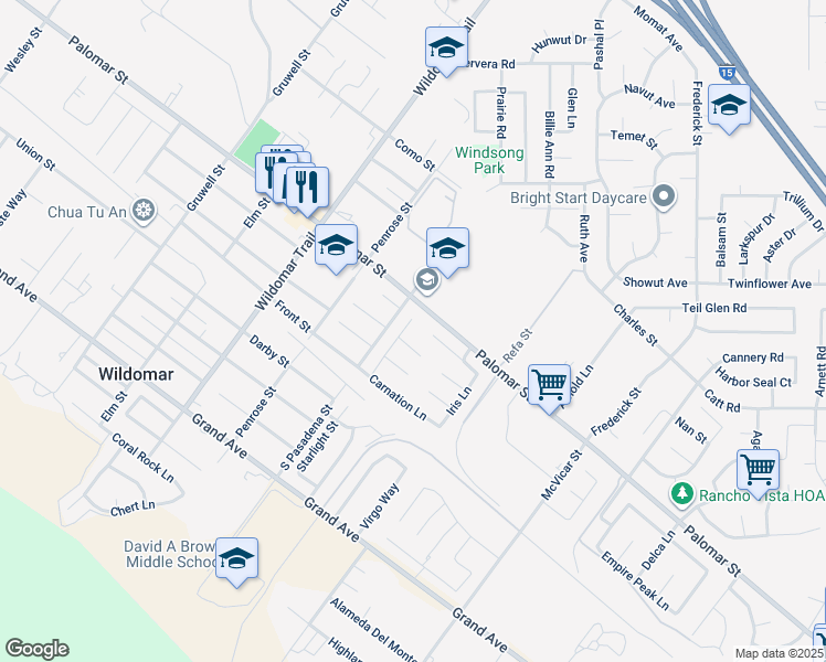 map of restaurants, bars, coffee shops, grocery stores, and more near 32546 Dahlia Lane in Wildomar