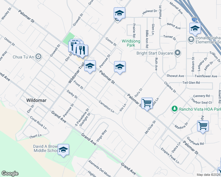 map of restaurants, bars, coffee shops, grocery stores, and more near 32546 Dahlia Lane in Wildomar