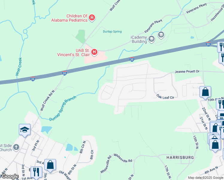map of restaurants, bars, coffee shops, grocery stores, and more near 1045 Deerwood Circle in Pell City