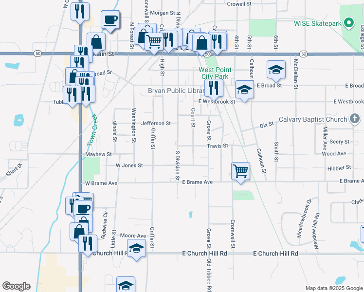 map of restaurants, bars, coffee shops, grocery stores, and more near 126 Travis Street in West Point