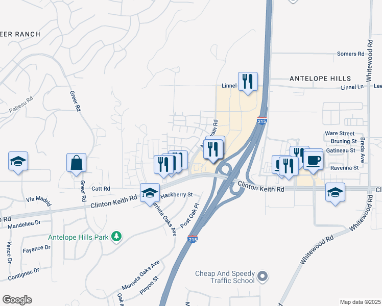 map of restaurants, bars, coffee shops, grocery stores, and more near 27571 Darrington Avenue in Murrieta
