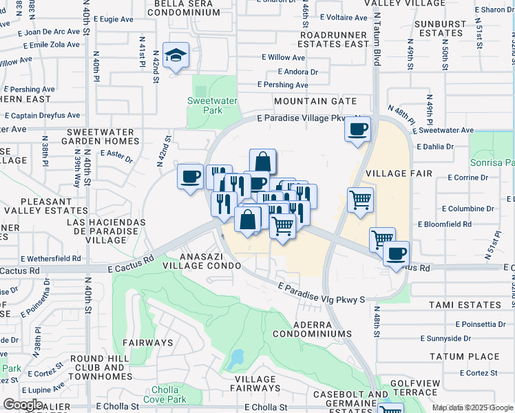 map of restaurants, bars, coffee shops, grocery stores, and more near 4512 East Cactus Road in Phoenix