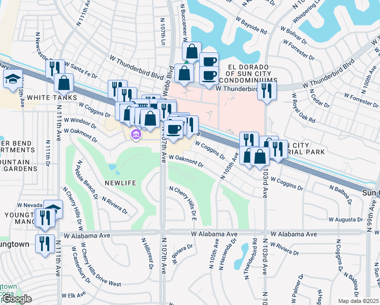 map of restaurants, bars, coffee shops, grocery stores, and more near 10582 West Oakmont Drive in Sun City