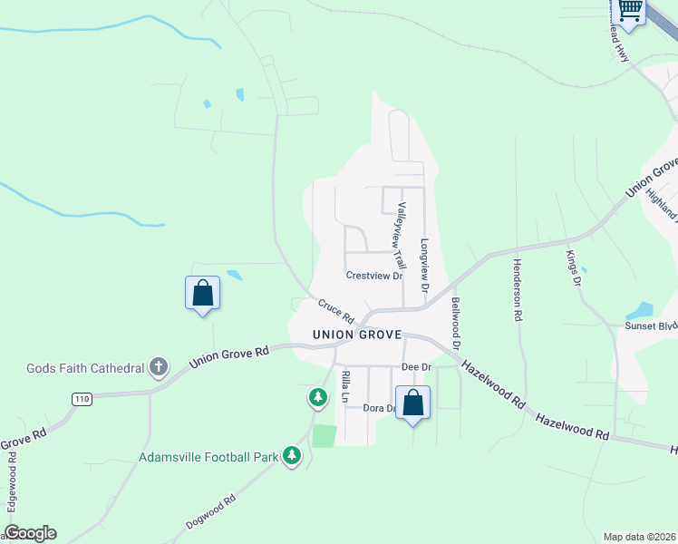 map of restaurants, bars, coffee shops, grocery stores, and more near 933 Crestview Drive in Adamsville