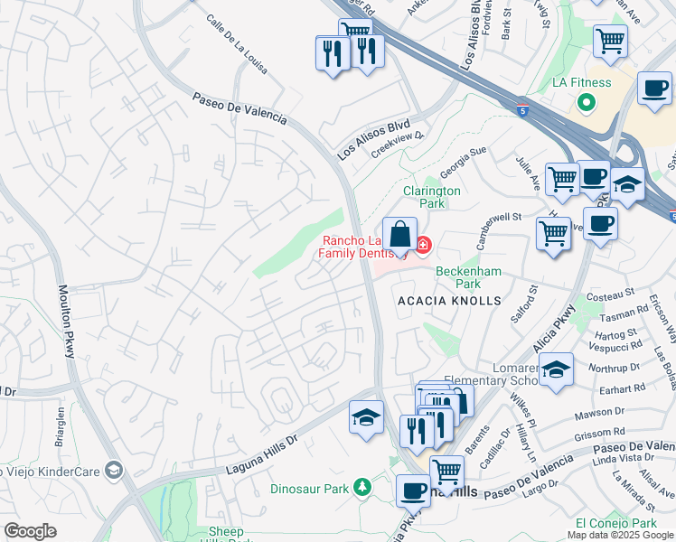 map of restaurants, bars, coffee shops, grocery stores, and more near in Laguna Hills