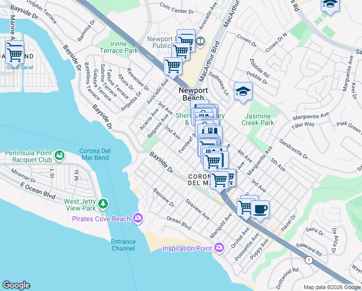 map of restaurants, bars, coffee shops, grocery stores, and more near 435 Fernleaf Avenue in Newport Beach