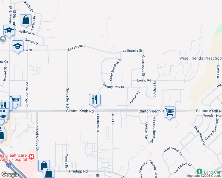 map of restaurants, bars, coffee shops, grocery stores, and more near 35829 Country Park Drive in Wildomar
