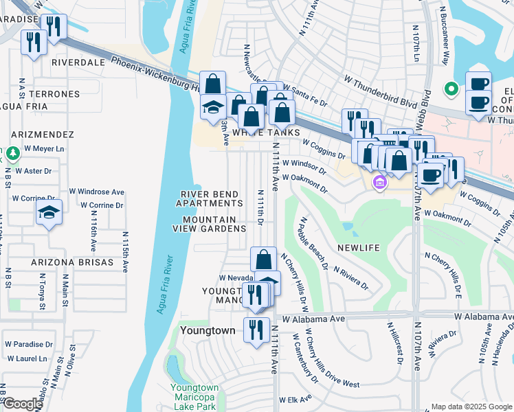 map of restaurants, bars, coffee shops, grocery stores, and more near 12641 North 112th Avenue in Youngtown