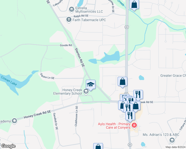 map of restaurants, bars, coffee shops, grocery stores, and more near 3382 Stanton Road Southeast in Conyers