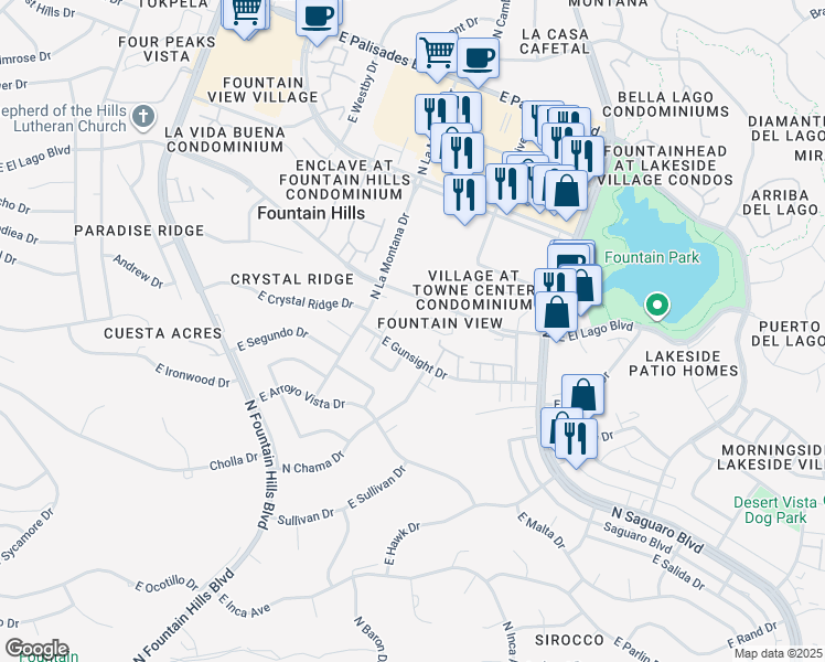 map of restaurants, bars, coffee shops, grocery stores, and more near 16632 East Gunsight Drive in Fountain Hills
