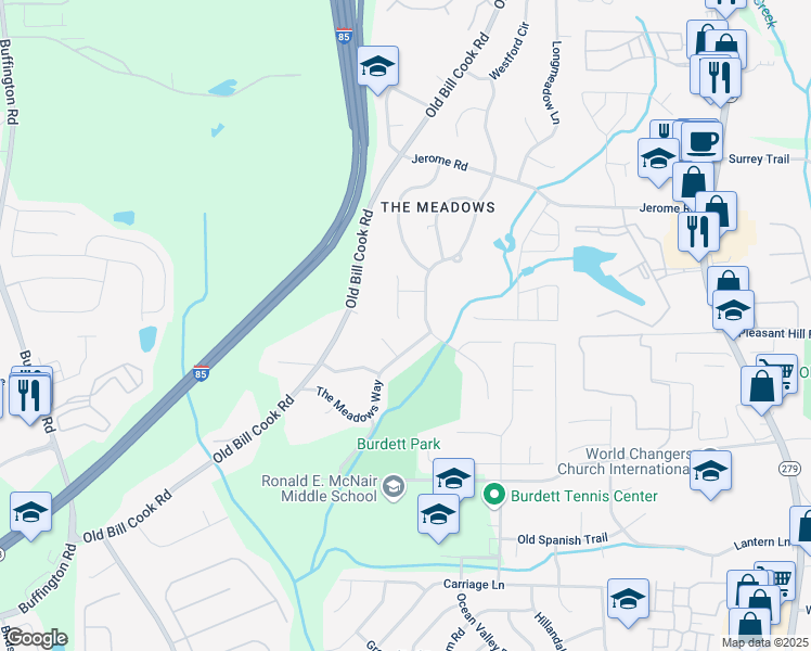 map of restaurants, bars, coffee shops, grocery stores, and more near 5690 Deerfield Court in College Park