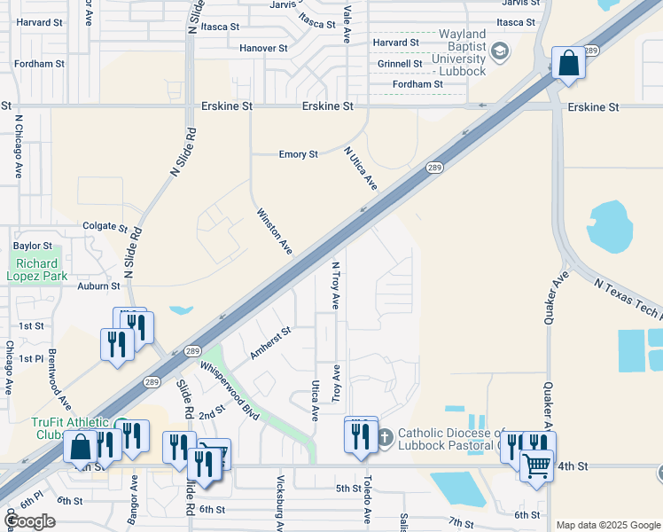 map of restaurants, bars, coffee shops, grocery stores, and more near 144 North Utica Avenue in Lubbock