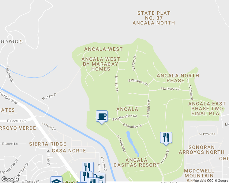 map of restaurants, bars, coffee shops, grocery stores, and more near 12562 North 116th Street in Scottsdale