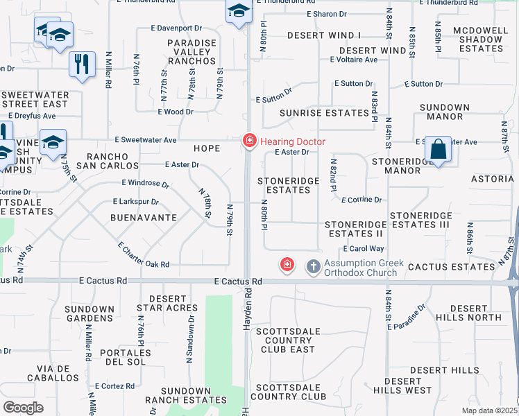 map of restaurants, bars, coffee shops, grocery stores, and more near 12461 North 80th Place in Scottsdale