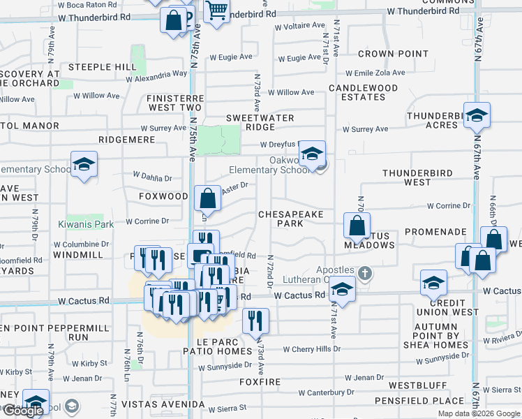 map of restaurants, bars, coffee shops, grocery stores, and more near 7301 West Corrine Drive in Peoria