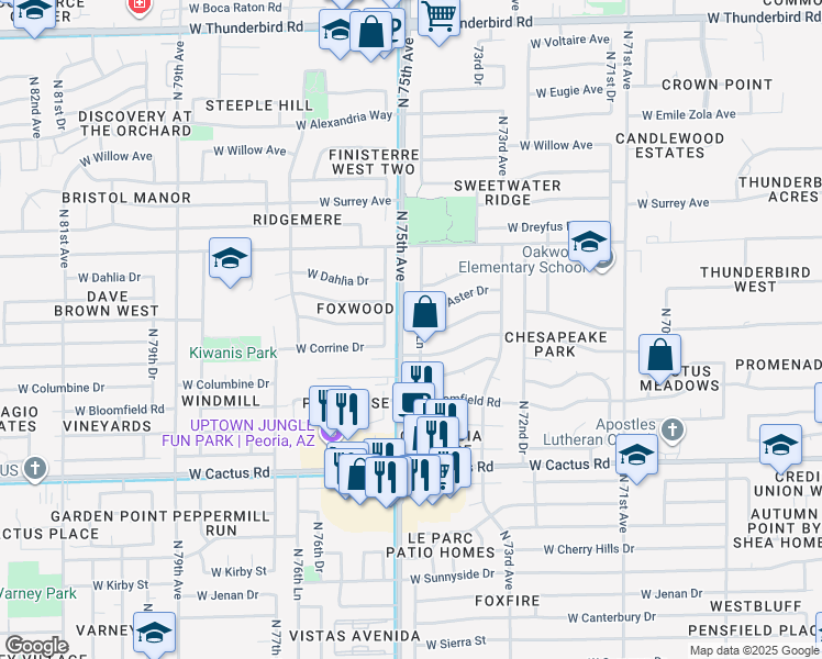 map of restaurants, bars, coffee shops, grocery stores, and more near 12690 North 74th Lane in Peoria