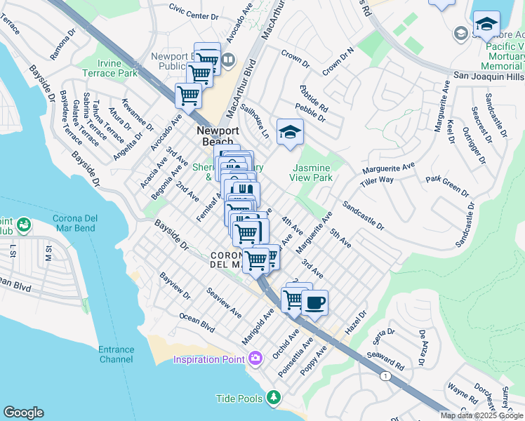 map of restaurants, bars, coffee shops, grocery stores, and more near 2950 3rd Avenue in Newport Beach