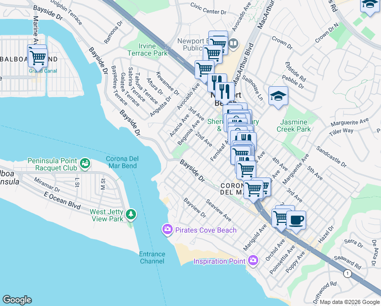 map of restaurants, bars, coffee shops, grocery stores, and more near in Newport Beach