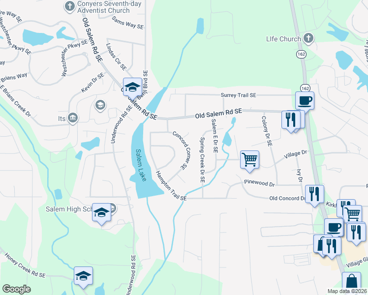 map of restaurants, bars, coffee shops, grocery stores, and more near 3370 Berkshire Bend Southeast in Conyers