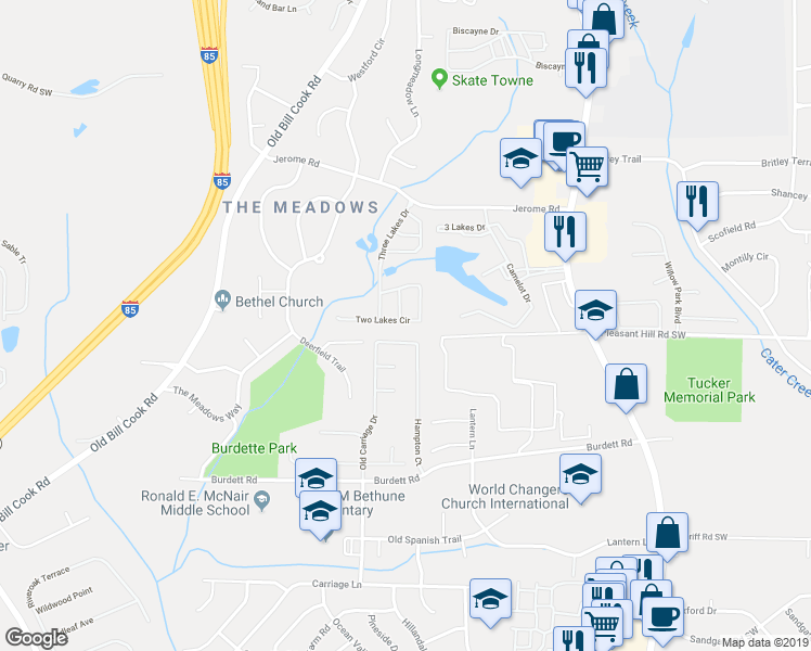 map of restaurants, bars, coffee shops, grocery stores, and more near 2961 Falling Water Point in College Park