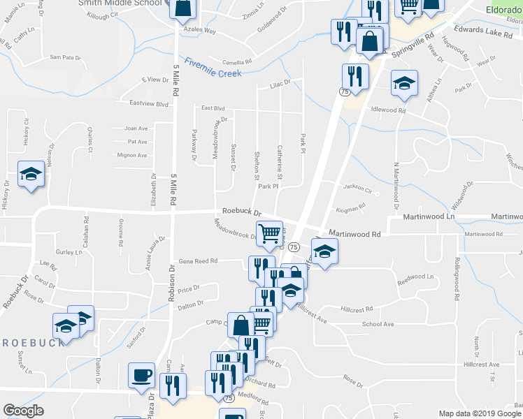 map of restaurants, bars, coffee shops, grocery stores, and more near 501 Roebuck Drive in Birmingham