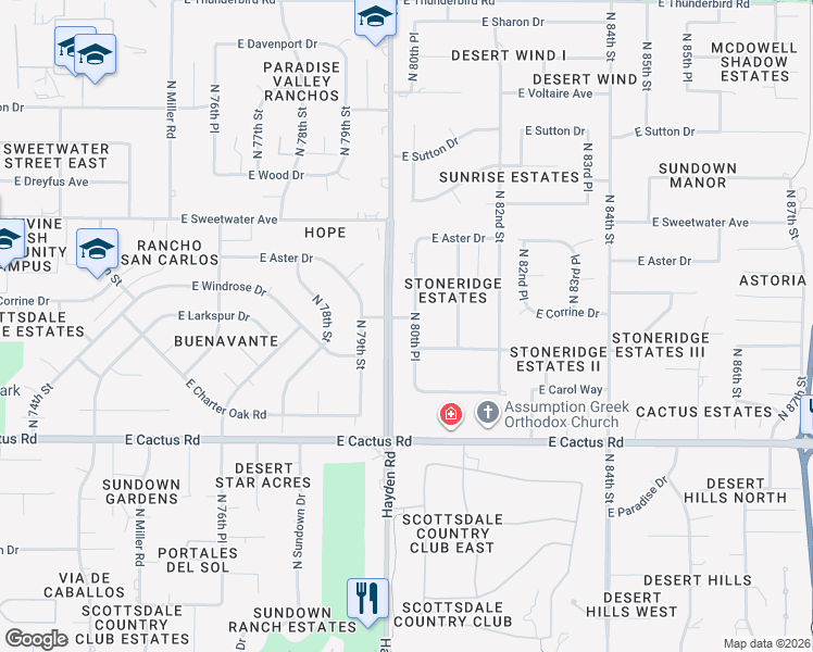 map of restaurants, bars, coffee shops, grocery stores, and more near 12461 North 80th Place in Scottsdale