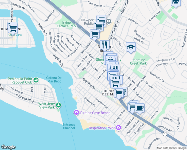 map of restaurants, bars, coffee shops, grocery stores, and more near Dahlia Avenue in Newport Beach