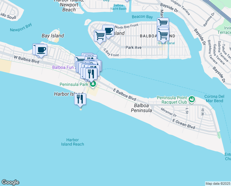 map of restaurants, bars, coffee shops, grocery stores, and more near 1025 East Balboa Boulevard in Newport Beach