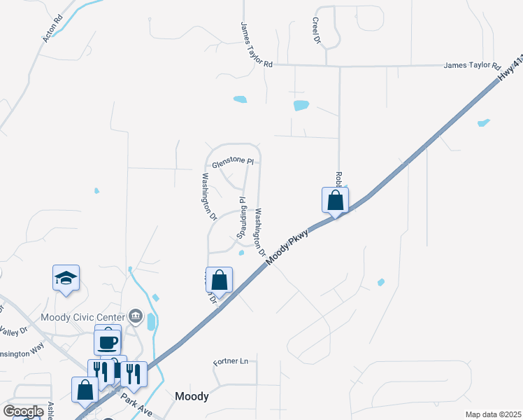 map of restaurants, bars, coffee shops, grocery stores, and more near 1080 Washington Drive in Moody