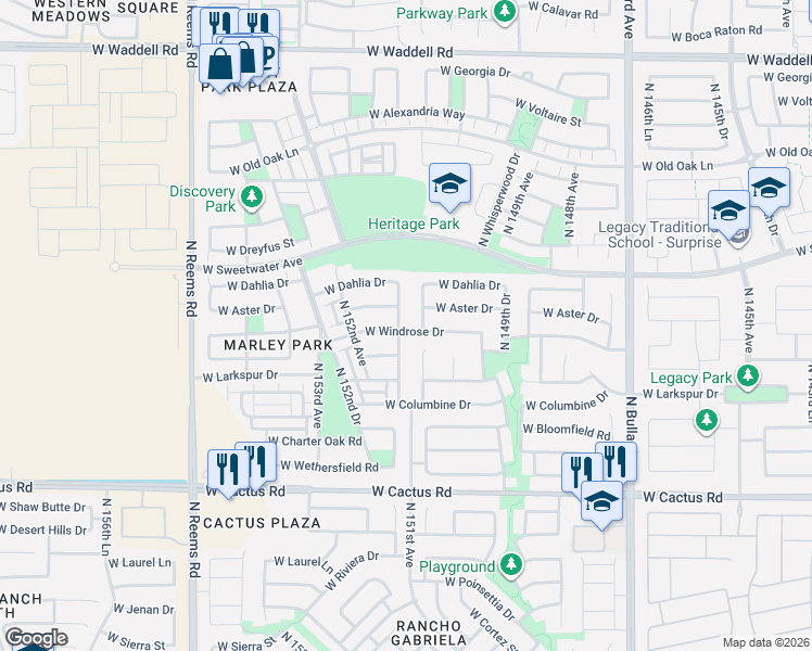 map of restaurants, bars, coffee shops, grocery stores, and more near 15123 West Windrose Drive in Surprise