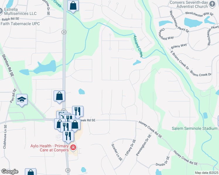 map of restaurants, bars, coffee shops, grocery stores, and more near 1148 Carillon Drive Southeast in Conyers