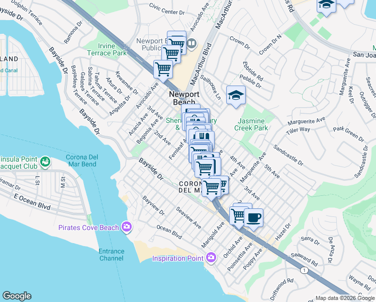 map of restaurants, bars, coffee shops, grocery stores, and more near 509 Goldenrod Avenue in Newport Beach