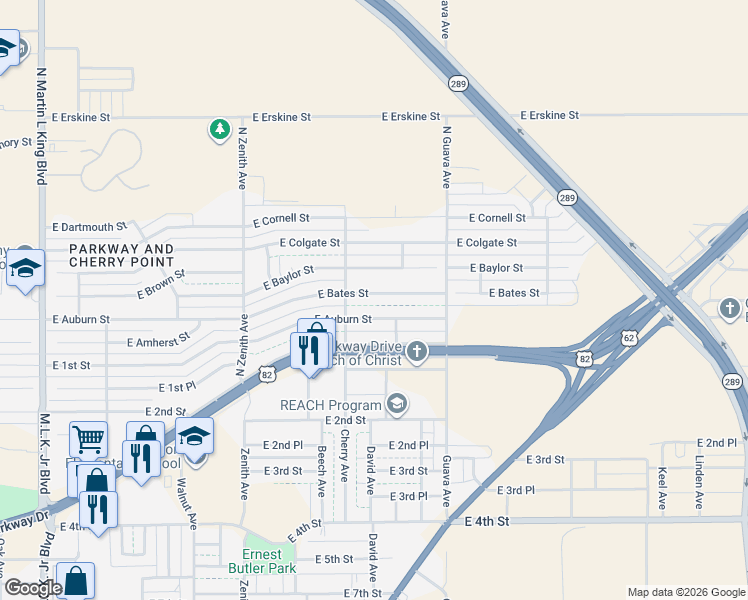 map of restaurants, bars, coffee shops, grocery stores, and more near 2917 East Auburn Street in Lubbock