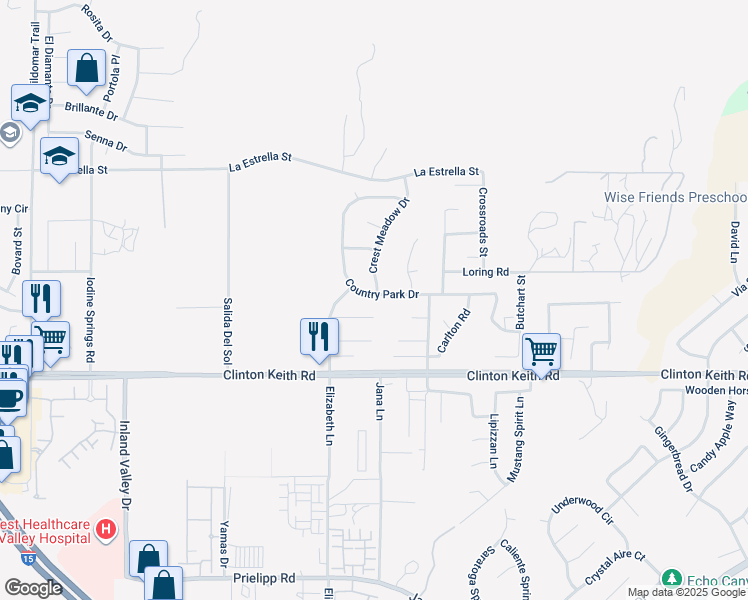 map of restaurants, bars, coffee shops, grocery stores, and more near 35829 Country Park Drive in Wildomar