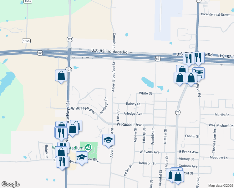 map of restaurants, bars, coffee shops, grocery stores, and more near 2202 Albert Broadfoot Street in Bonham