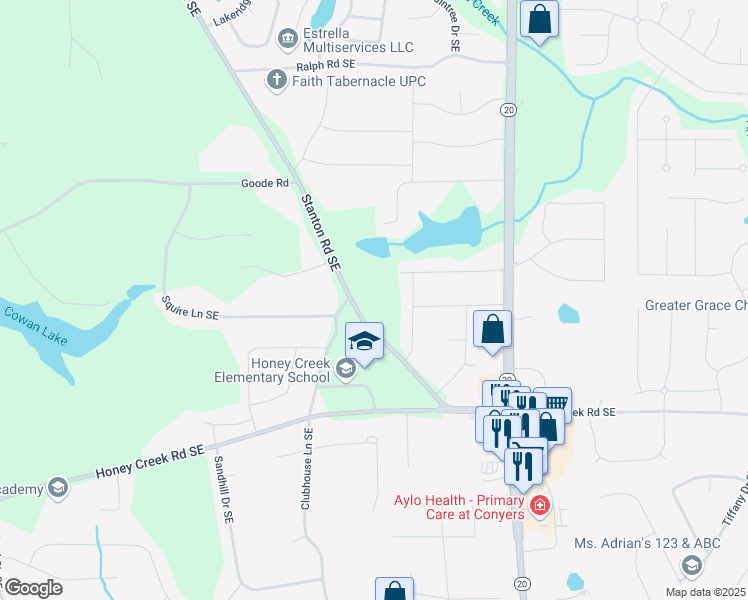 map of restaurants, bars, coffee shops, grocery stores, and more near 3382 Stanton Road Southeast in Conyers