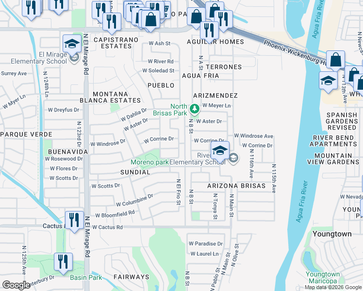 map of restaurants, bars, coffee shops, grocery stores, and more near 11919 West Rosewood Drive in El Mirage
